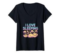 Womens I Love Sleeping Cute Cats Moon Clouds Stars V-Neck T-Shirt