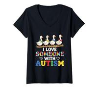Women's I Love Someone with Autism Awareness Walking Geese V-Neck T-Shirt