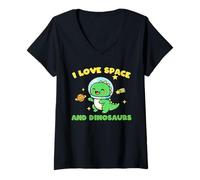 Women's I Love Space and Dinosaurs Kids Cute Cartoon Dino V-Neck T-Shirt