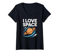 Womens I Love Space Saturn Rockets Cosmic Orbit V-Neck T-Shirt