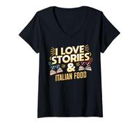 Womens I Love Stories and Italian Food | Book Lover Pasta Humor V-Neck T-Shirt