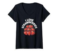 Womens I Love Strawberries Fresh Juicy Fruit Fun V-Neck T-Shirt