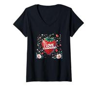 Womens I LOVE STRAWBERRIES STRAWBERRY DESIGN V-Neck T-Shirt