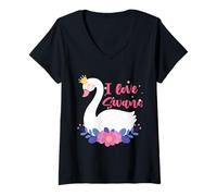 Womens I Love Swans Bird Zoo Animal Lake Water Lily Flowers Crown V-Neck T-Shirt