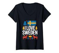 Womens I Love Sweden Dala Horse Crown Flag Design V-Neck T-Shirt