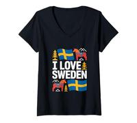 Womens I Love Sweden National Symbols Design V-Neck T-Shirt