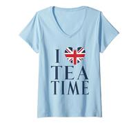 Womens I Love Tea Time - British Flag Graphic Art Design V-Neck T-Shirt