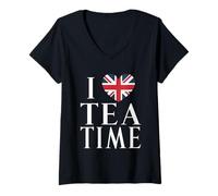 Womens I Love Tea Time Great Britain Flag Heart V-Neck T-Shirt