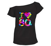 Womens I Love The 80s Top Off Shoulder Slash Neck Cap Sleeve Smile Face T Shirt Ladies Retro 1980s Disco Party Fancy Dress Costume Vintage Basic Casual Top UK 8-14 Black