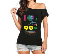 Womens I Love The 90s Globe Graphic T-Shirt - Off Shoulder Short Sleeve Retro Vintage Top - Casual Y2K Festival Tee Black