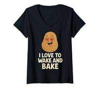 Womens I Love to Wake & Bake Funny Potato Weed Stoner Pot Humor V-Neck T-Shirt