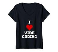 Women's I Love Vibe Coding Pixel Heart Coder V-Neck T-Shirt