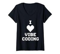 Women's I Love Vibe Coding Pixel Heart Programmer Coder V-Neck T-Shirt