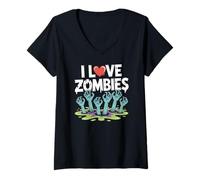 Womens I Love Zombies Creepy Undead Rising Hands V-Neck T-Shirt