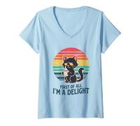 Women's I’m A Delight Grumpy Coffee Morning Caffeine Lover Cat V-Neck T-Shirt