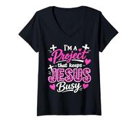 Women's I’m A Project that Keeps Jesus Busy Leopard Christian Womens V-Neck T-Shirt