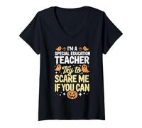 Womens I m a Special Education Teacher Try to Scare me Halloween V-Neck T-Shirt