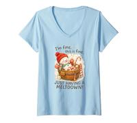 Womens I’m Fine This is Fine Snowman Just Having A Meltdown V-Neck T-Shirt