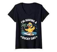 Womens I’m Having a Ducky Day Surfing Duck V-Neck T-Shirt