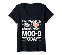 Womens I’m in A Really Good Moo-d Today Farmer Cow Cattle V-Neck T-Shirt
