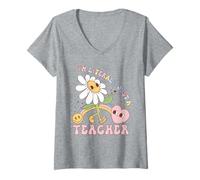 Womens I’m Literally Just a Teacher Groovy Teacher Back to School V-Neck T-Shirt