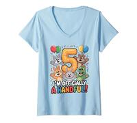 Womens I’m Officially A Handful Funny 5th Birthday Kid Animal Lover V-Neck T-Shirt