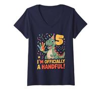 Womens I’m Officially A Handful Funny 5th Birthday Kids Dinosaur V-Neck T-Shirt