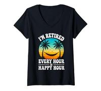 Women's I’m Retired Every Hour is Happy Hour Funny Retirement Beach V-Neck T-Shirt