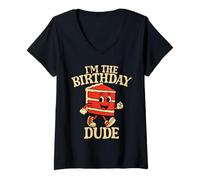 Womens I’m the Birthday Dude Retro Cartoon Cake V-Neck T-Shirt