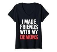 Womens I Made Friends with My Demons Edgy Introspective - V-Neck T-Shirt