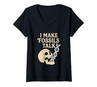 Women's I Make Fossils Talk Paleontology Paleogenetics DNA Skull V-Neck T-Shirt