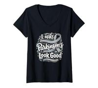 Women's I Make Parkinson's Look Good Awareness Silver Ribbon V-Neck T-Shirt