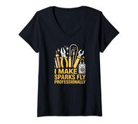 Womens I Make Sparks Fly Professionally Electrician Welding V-Neck T-Shirt