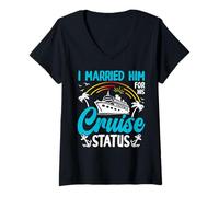 Womens I Married Him for His Cruise Status Fun Sea V-Neck T-Shirt