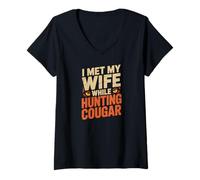 Womens I Met My Wife While Hunting Cougar Funny Dating V-Neck T-Shirt