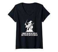 Women's I Might Be Out of Spells But Not Shells Tshirt Wizard Gun V-Neck T-Shirt