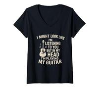 Womens I Might Look Like I’m Listening Funny Guitar Musician Rock V-Neck T-Shirt