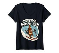 Women's I Need A Brew-Ski Lover Funny Beer Skiing Skier Pun Joke Fun V-Neck T-Shirt