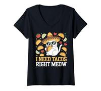 Women's I Need Tacos Right Meow, cat Eating a Taco Cinco de Mayo V-Neck T-Shirt