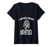 Womens I Never Snore Funny Grizzly Bear Dream V-Neck T-Shirt
