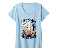 Womens I only Scream When it’s Good Sexy Ghost Moon Pumpkin Bats V-Neck T-Shirt