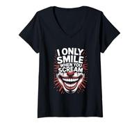 Womens I Only Smile When You Scream, Horror Clown V-Neck T-Shirt