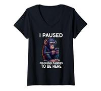 Womens I Paused Crushing Candies Fun Online Gaming Cute Chimpanzee V-Neck T-Shirt
