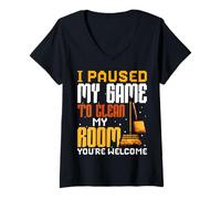 Womens I Paused My Game To Clean My Room Gamer Cleaning Gaming V-Neck T-Shirt