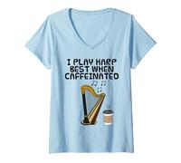 Womens I Play Harp Best When Caffeinated, Coffee Harpist Orchestra V-Neck T-Shirt