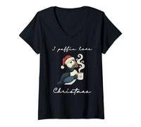 Womens I Puffin Love Christmas Funny Holiday Doodle Bird Coffee V-Neck T-Shirt