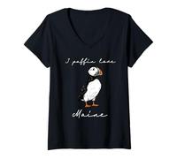 Womens I Puffin Love Maine Funny Shorebird Art Bird Souvenir V-Neck T-Shirt