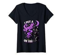 Women's I Put a Spell on You Black Cat Witch Halloween V-Neck T-Shirt