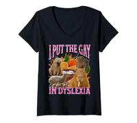 Womens I Put The Gay In Dyslexia Funny Capybara Meme Bootleg Y2K V-Neck T-Shirt