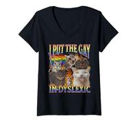 Womens I Put The Gay In Dyslexic Funny Cat Meme Bootleg Graphic V-Neck T-Shirt
